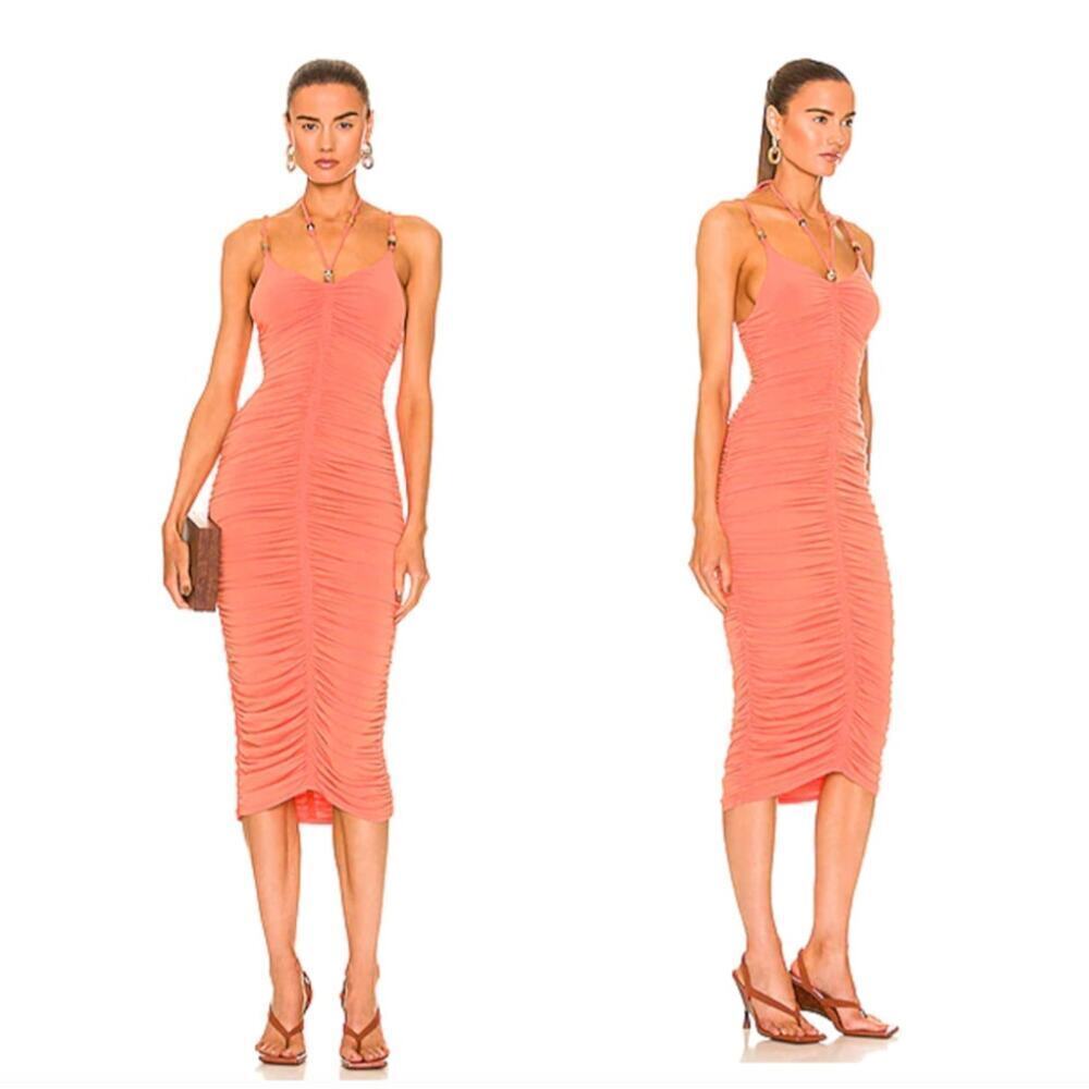 NEW $495 A.L.C. Allegra Ruched Bead-Embellished Midi-Dress
